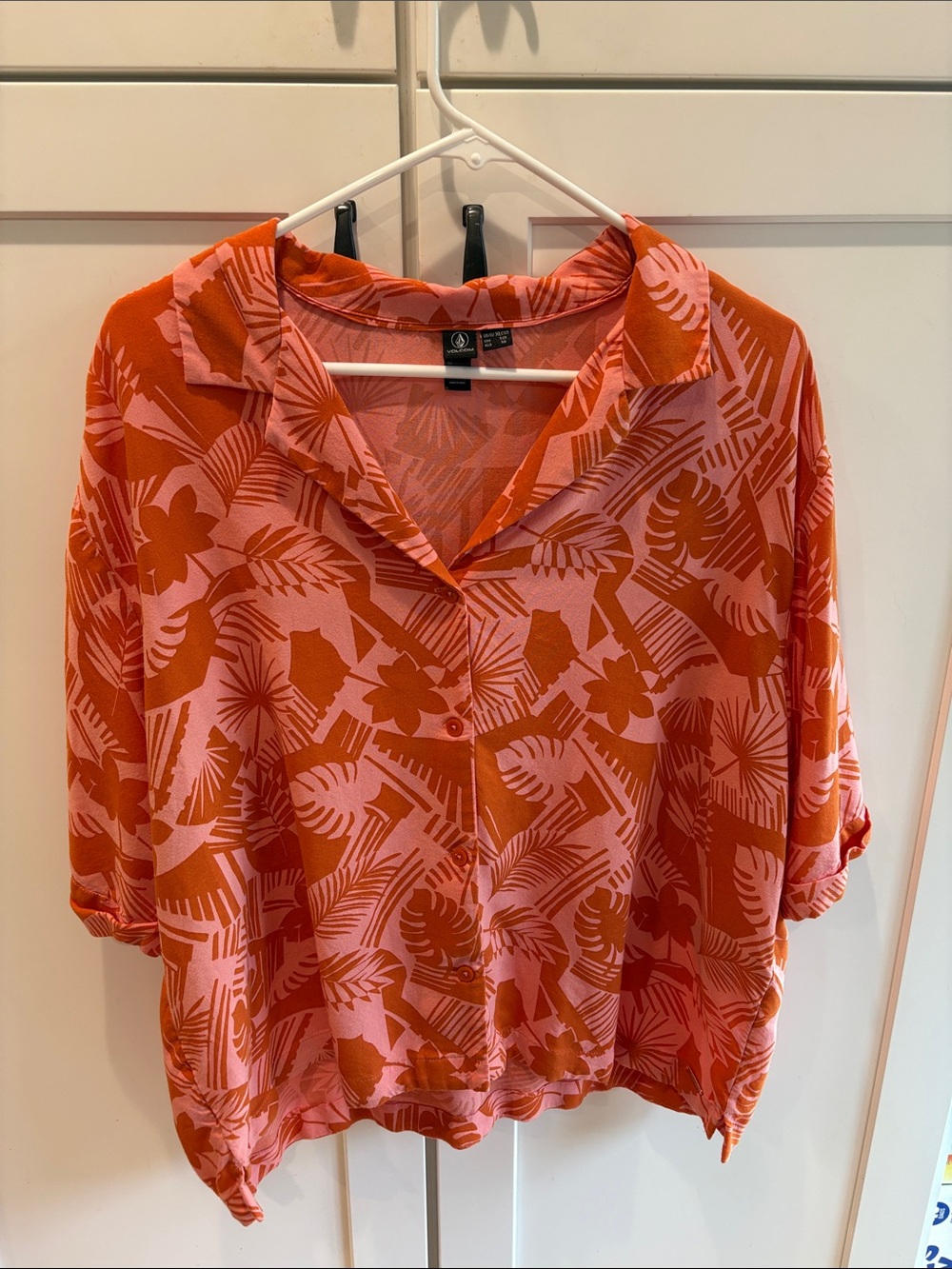 Volcom Tropical Button-Front Boxy Shirt - Pink & Orange